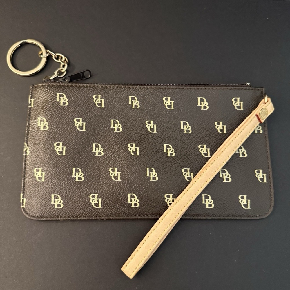 Dooney & Bourke Signature DB Monogram Wristlet Key Ring Pouch Y2K Dark Brown Tan